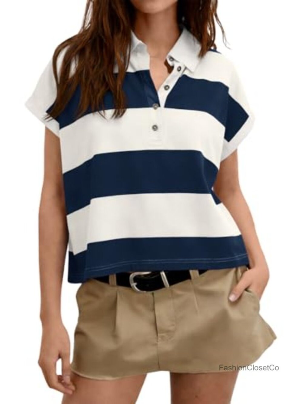 Women's Short Sleeve Striped Collared Polo Shirt – Loose Fit for Summer